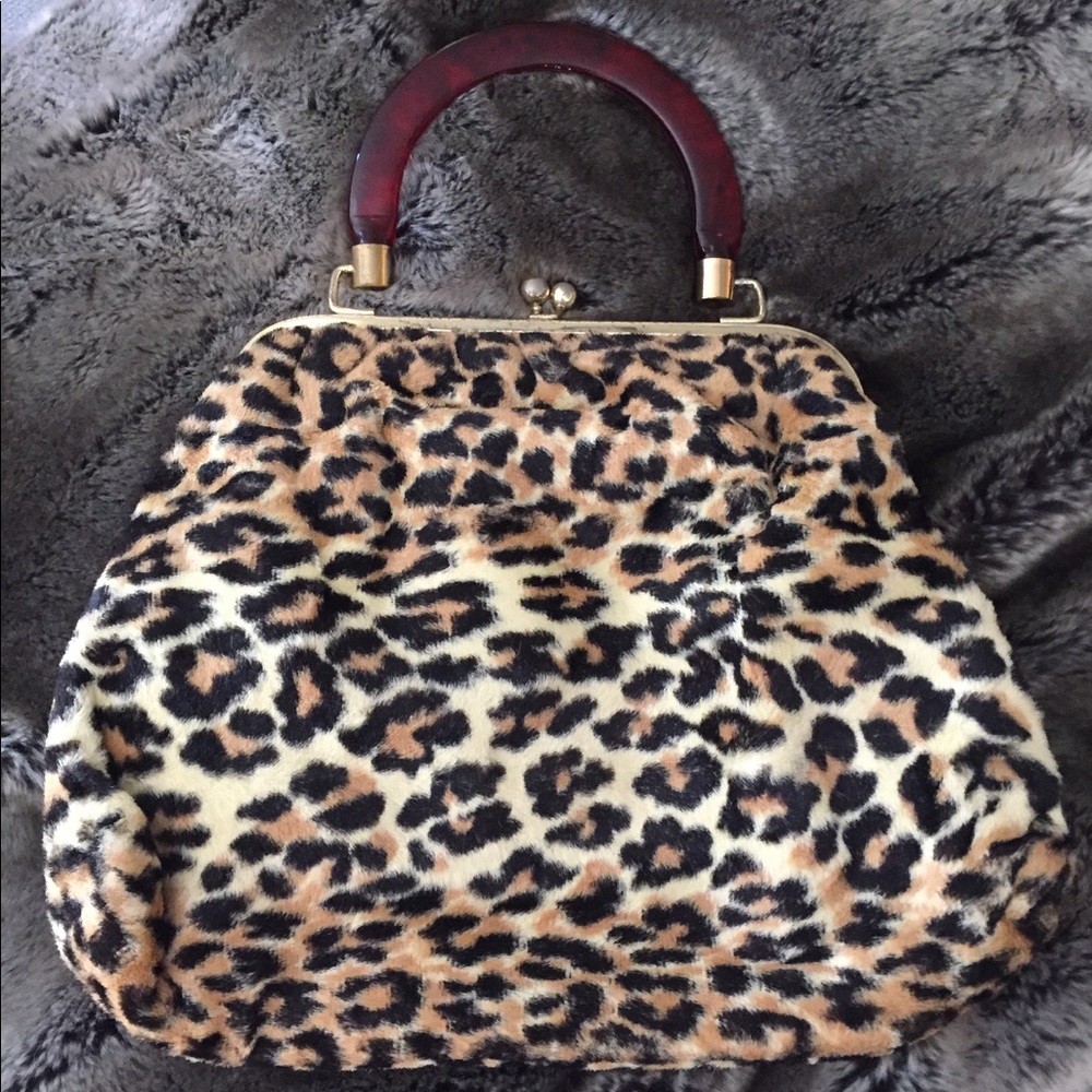 Vintage faux fur leopard top handle purse